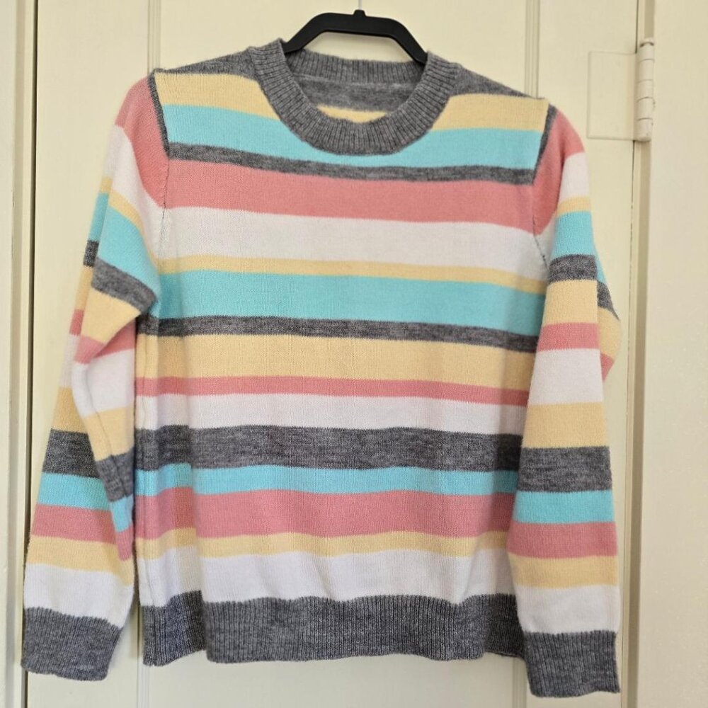 Shein Sweater M Size 6 Multi pastel horizontal stripe long sleeve crew neck